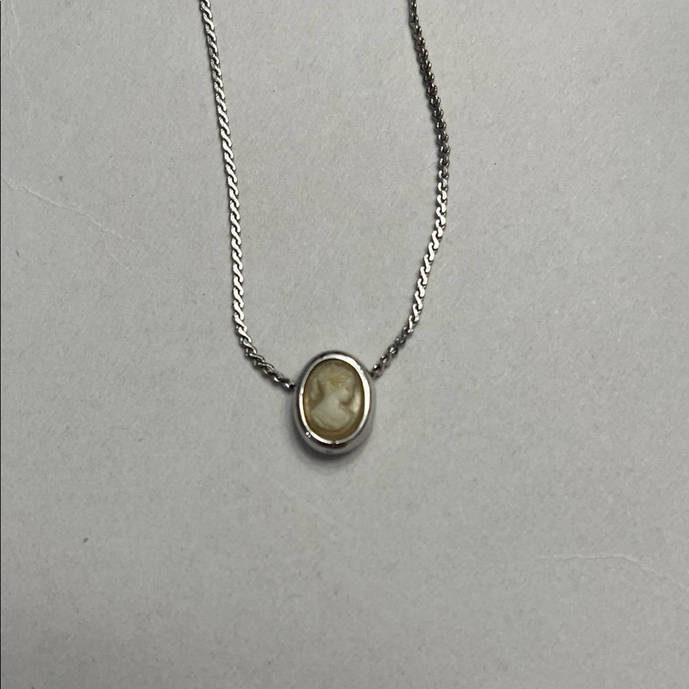 Vintage Trifari Silver and Cream Cameo Necklace 16 inches